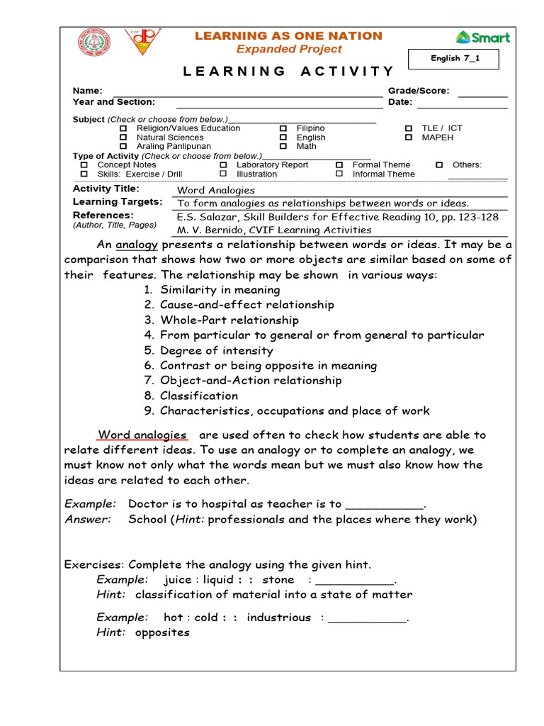 English 7 LAS 1 Word Analogies | PDF | Analogy