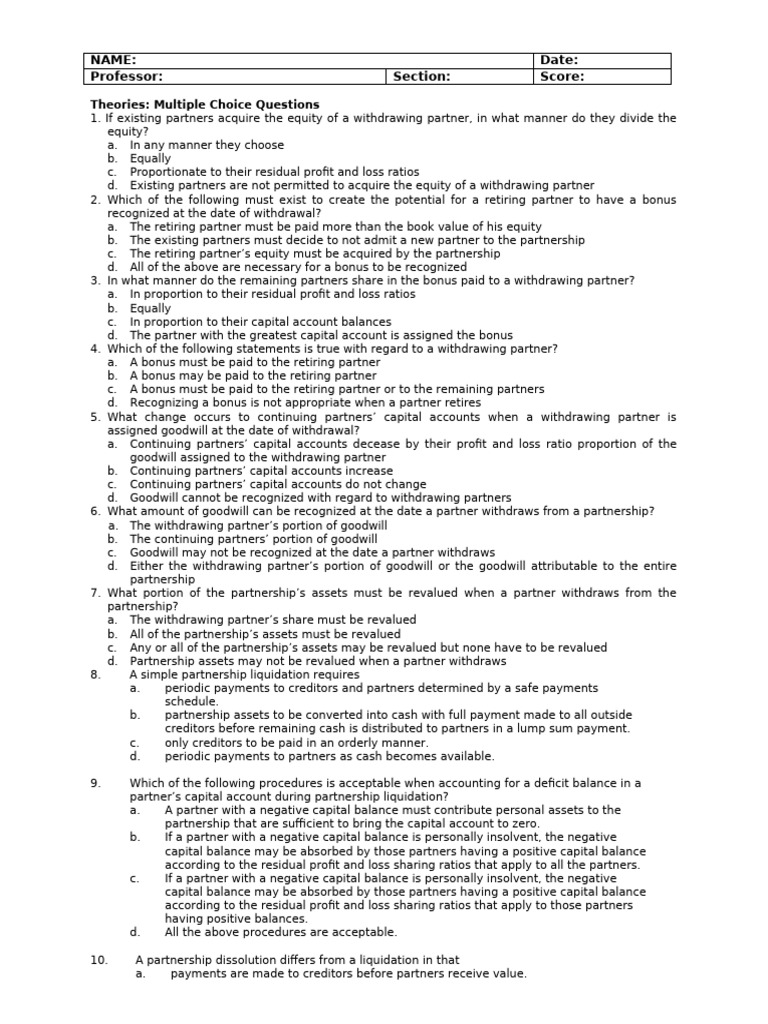 AdvAcc 1 Quiz 3 Questionnaire | PDF | Partnership | Goodwill (Accounting)