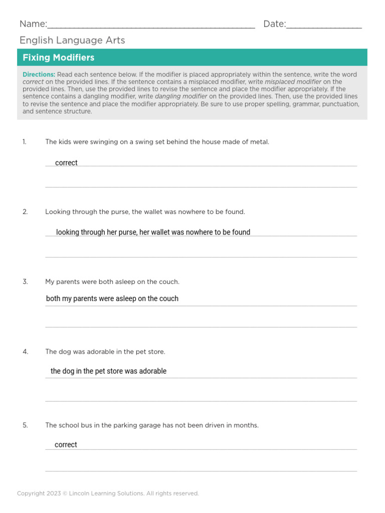 FixingModifiers ShowIt2324 Worksheet | PDF | Grammar | Human Communication