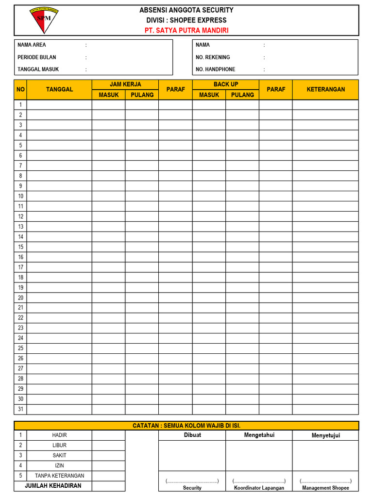 ABSENSI BULANAN ANGGOTA SECURITY PT. SPM (Korlap) | PDF