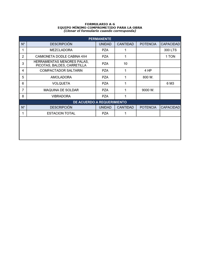 Equipos Necesarios para Obra A-6 | PDF