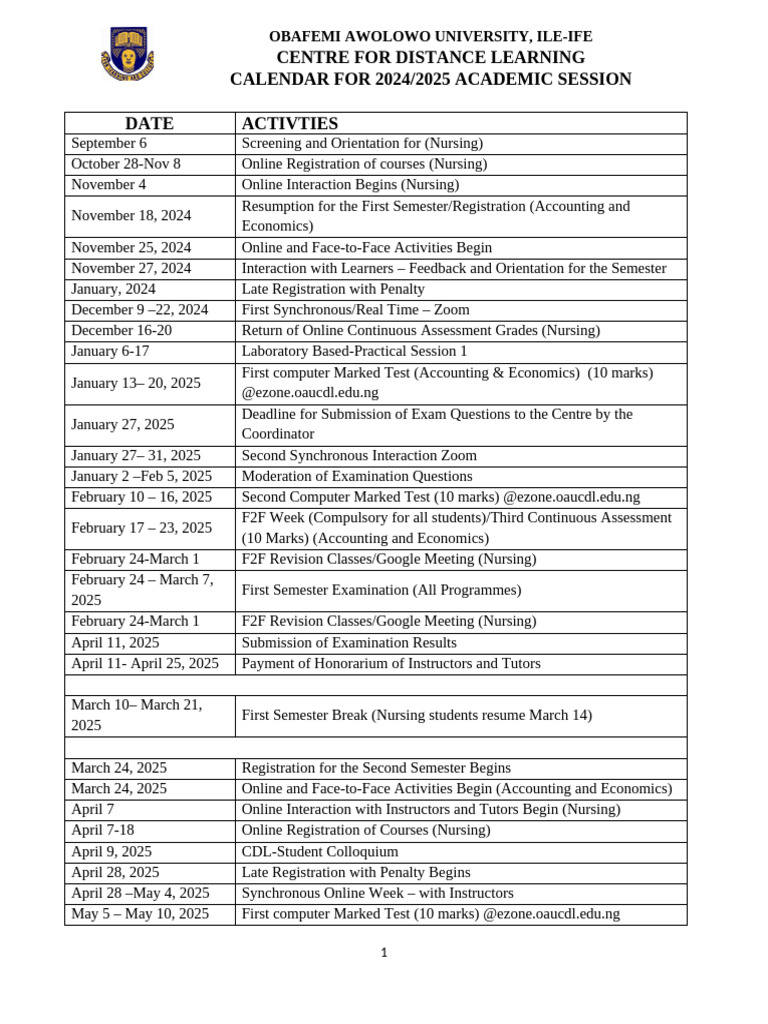 OAU Distance Learning Academic Calendar 2024 | PDF | Academic Term
