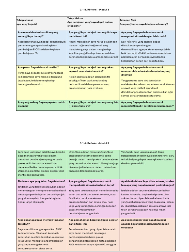 Refleksi Pembelajaran Berbasis Proyek | PDF | Karier & Perkembangan