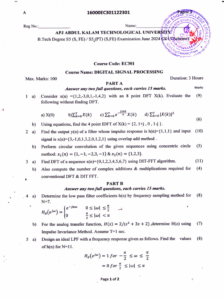 B.Tech DSP Exam June 2024 | PDF | Discrete Fourier Transform | Digital ...