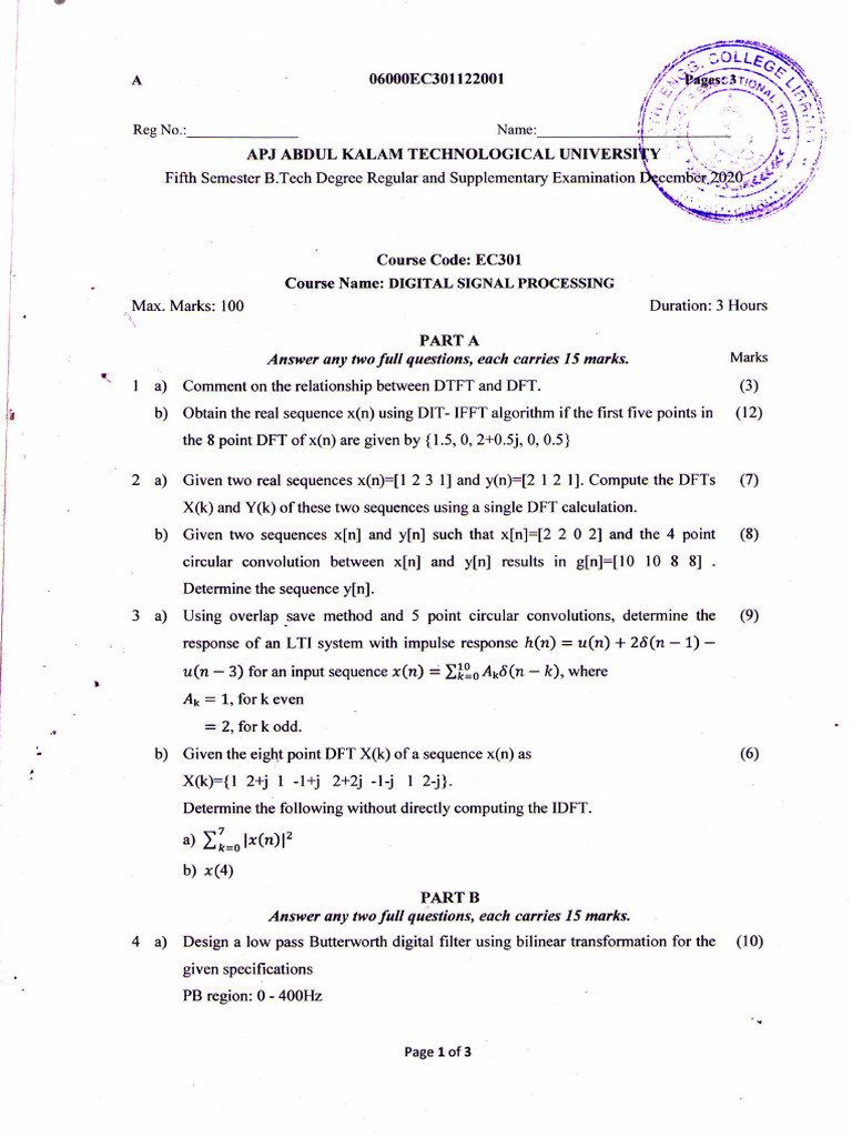 Ec301 Digital Signal Processing, December 2020 | PDF | Filter (Signal ...