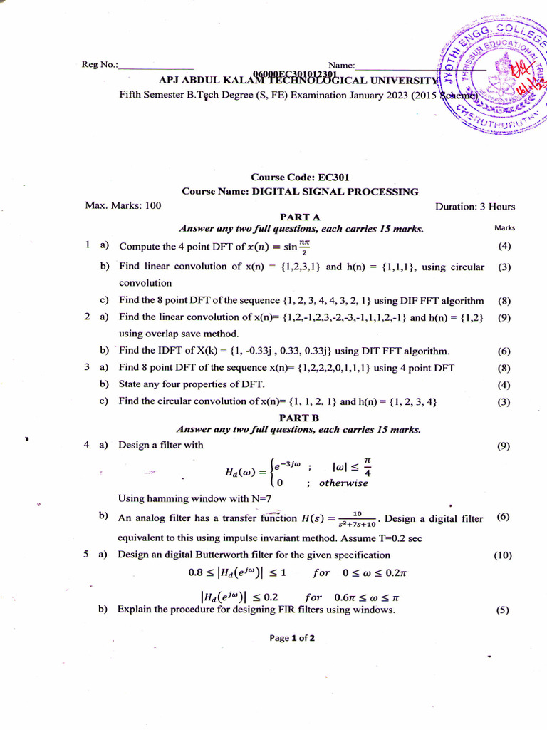 Ec301 Digital Signal Processing, January 2023 | PDF | Discrete Fourier ...