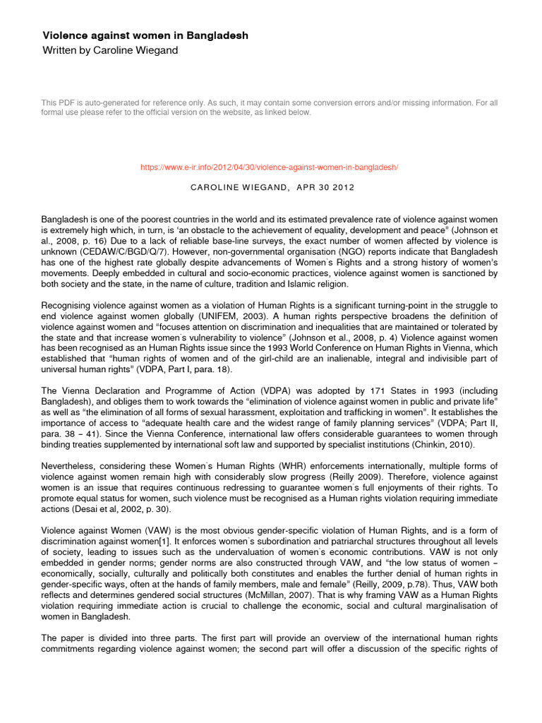 Violence Against Women in Bangladesh | PDF | Convention On The ...