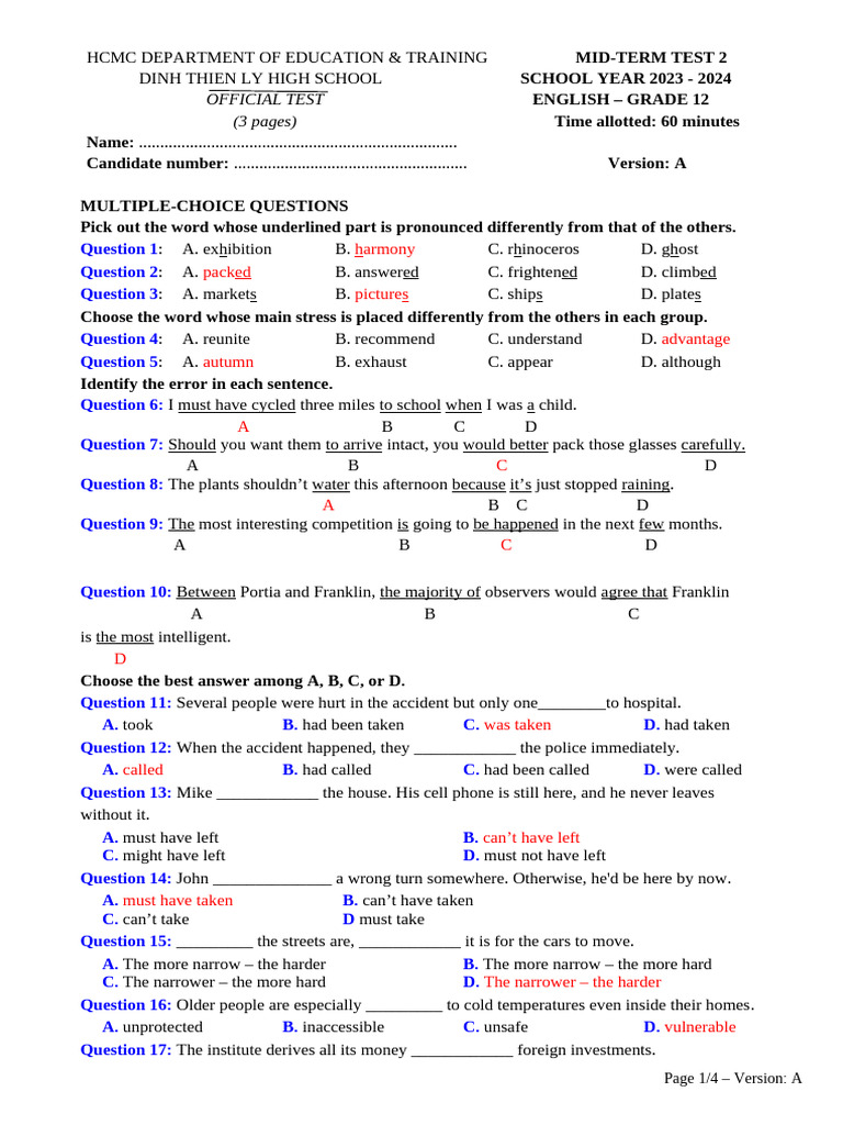 2324 - de Thi Giua Hoc Ky 2 - Tieng Anh - de A - Dap An | PDF ...