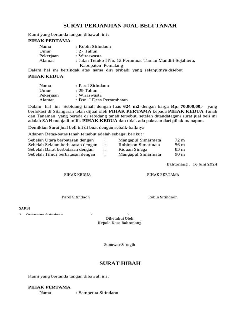 Contoh Surat Jual Beli Tanah Bermaterai | PDF