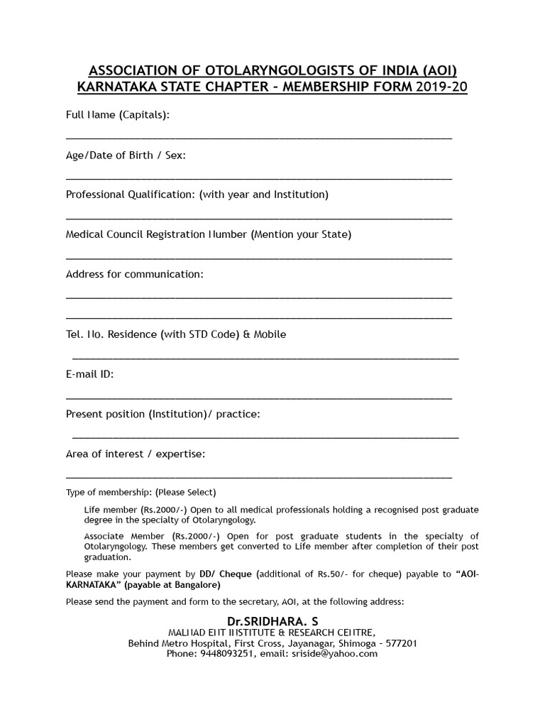 AOI Karnataka Membership Form 2019-20 | PDF | Career & Growth | Business