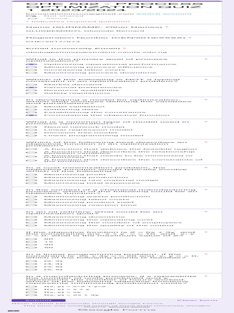 Che 502 - Process Optimization Quiz 1 20232024 | PDF | Mathematical ...