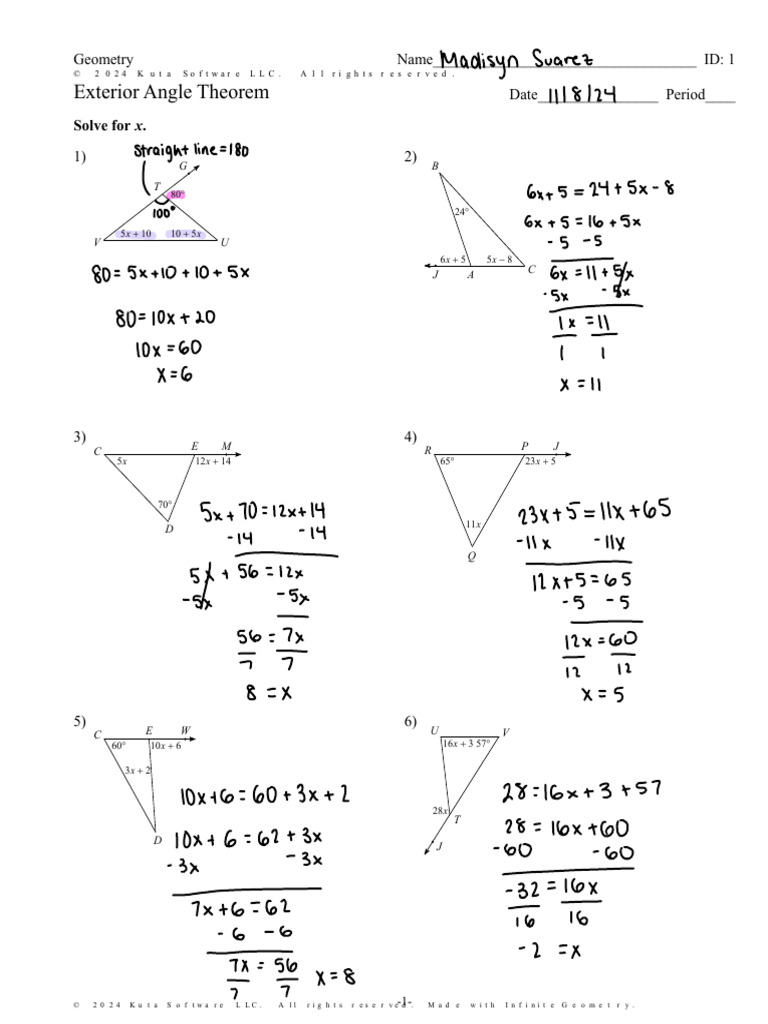 Exterior Angle Theorem Worksheet | PDF | Euclidean Geometry | Mathematics