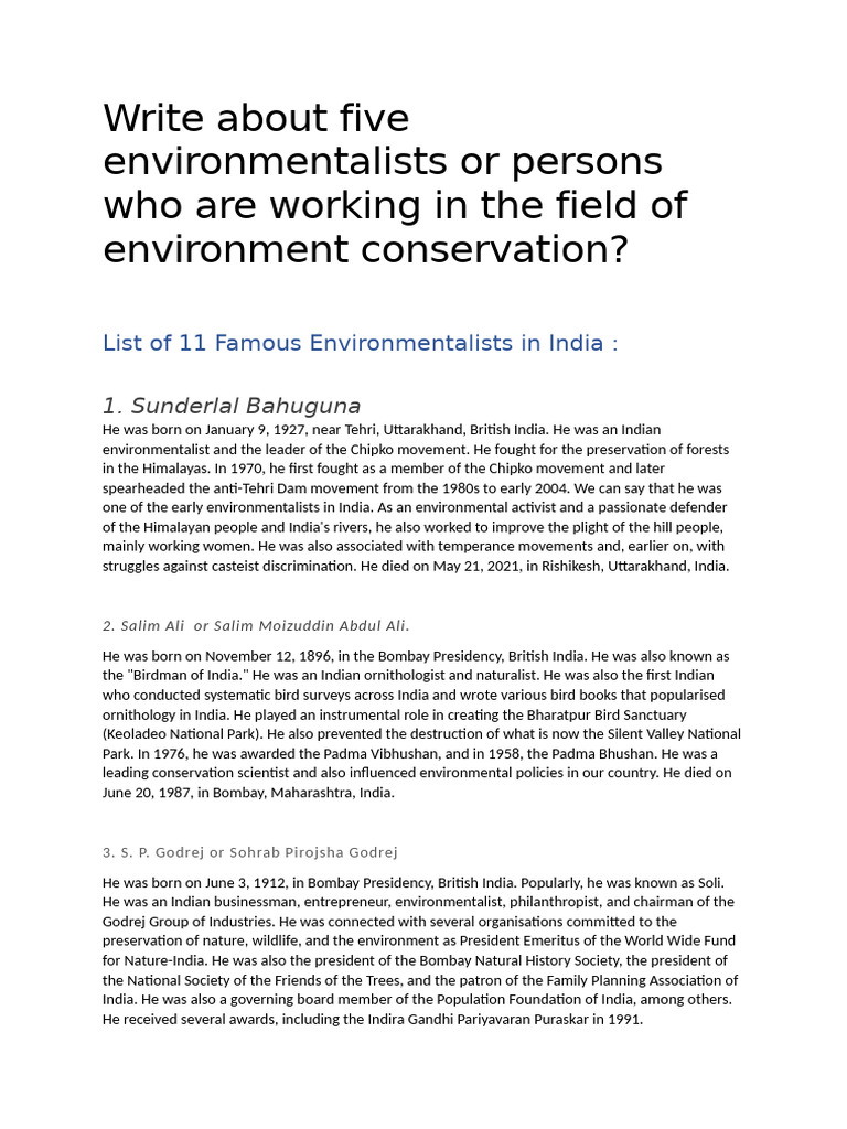 Write About Five Environmentalists or Persons Who Are Working in The ...