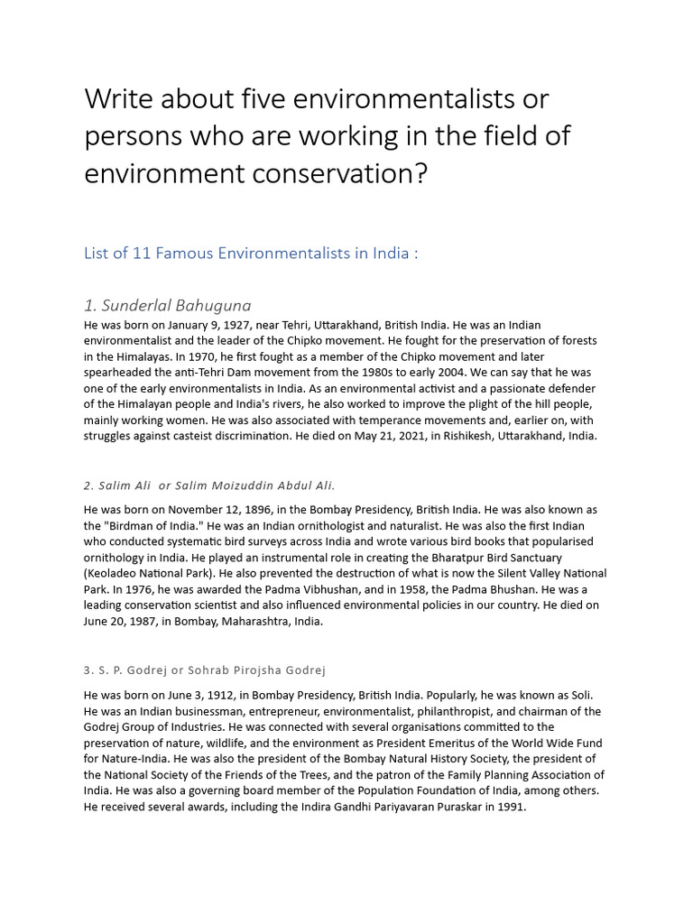 Write About Five Environmentalists or Persons Who Are Working in The ...