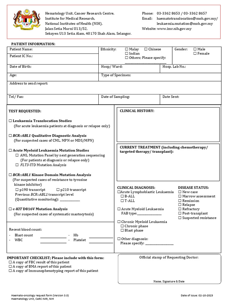 Imr Haemato-Onco Request Form | PDF | Leukemia | Clinical Medicine