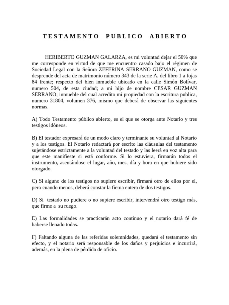 Testamento Público Abierto: Requisitos y Proceso | PDF