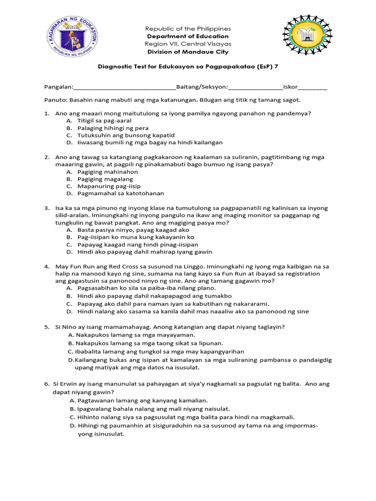 1-Diagnostic Test For ESP 7 | PDF