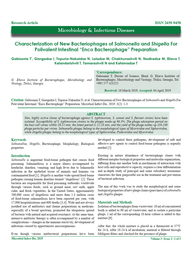 Characterization of New Bacteriophages of Salmonella and Shigella For ...