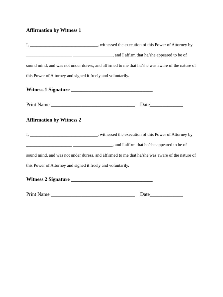 Witness Affirmation for Power of Attorney | PDF | Law