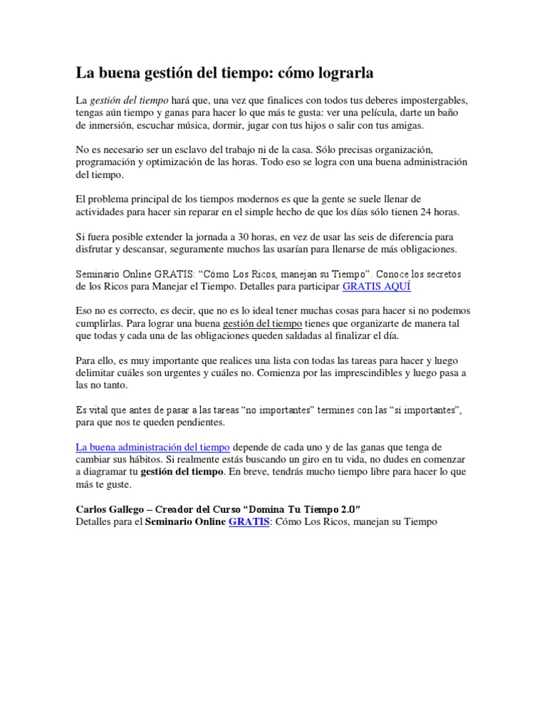 La Buena Gestión Del Tiempo Cómo Lograrla | PDF