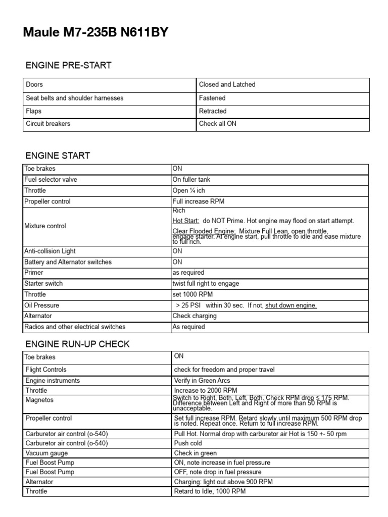 Maule M7-235B Engine Start Checklist | PDF | Carburetor | Throttle