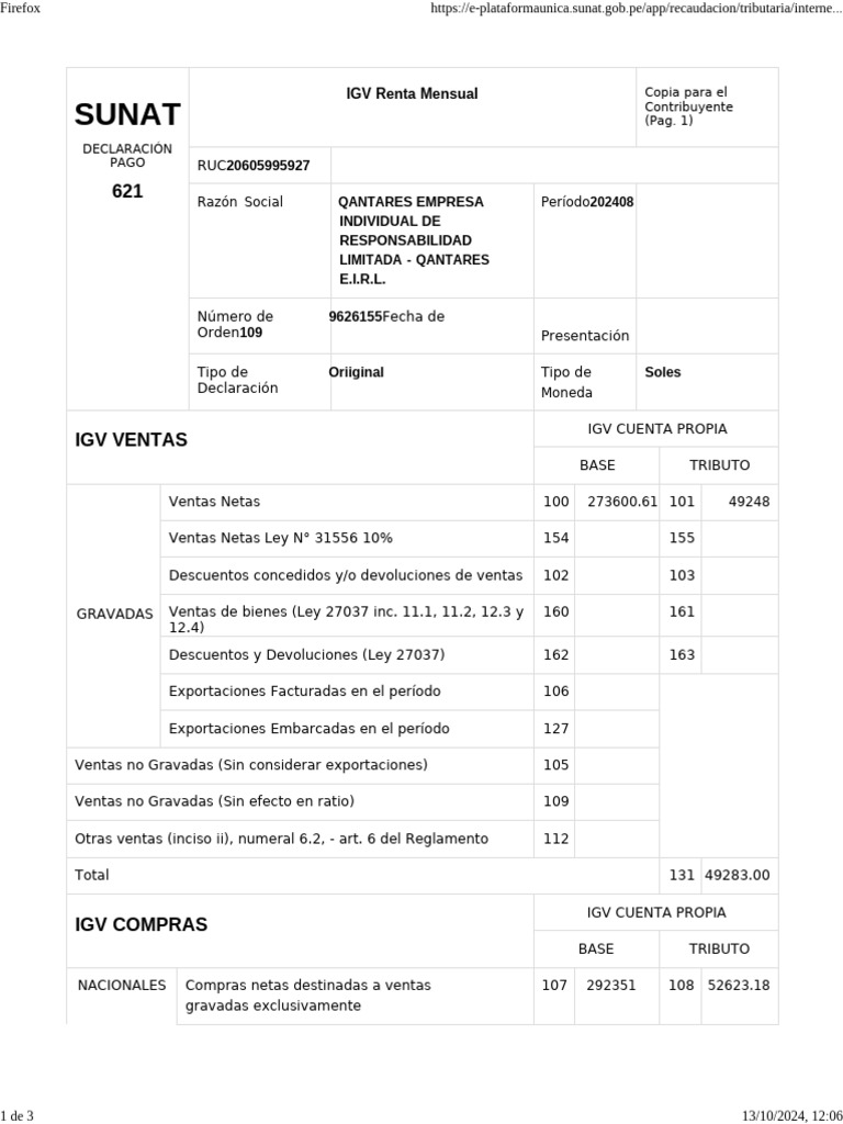 Formulario 621 IGV Renta Mensual 2-1 | PDF | Impuestos | Finanzas del ...