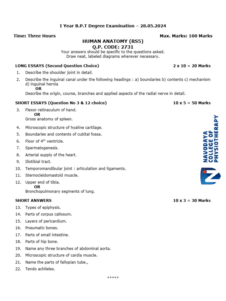 BPT 1st Year Exam Papers 2024 | PDF | Shoulder