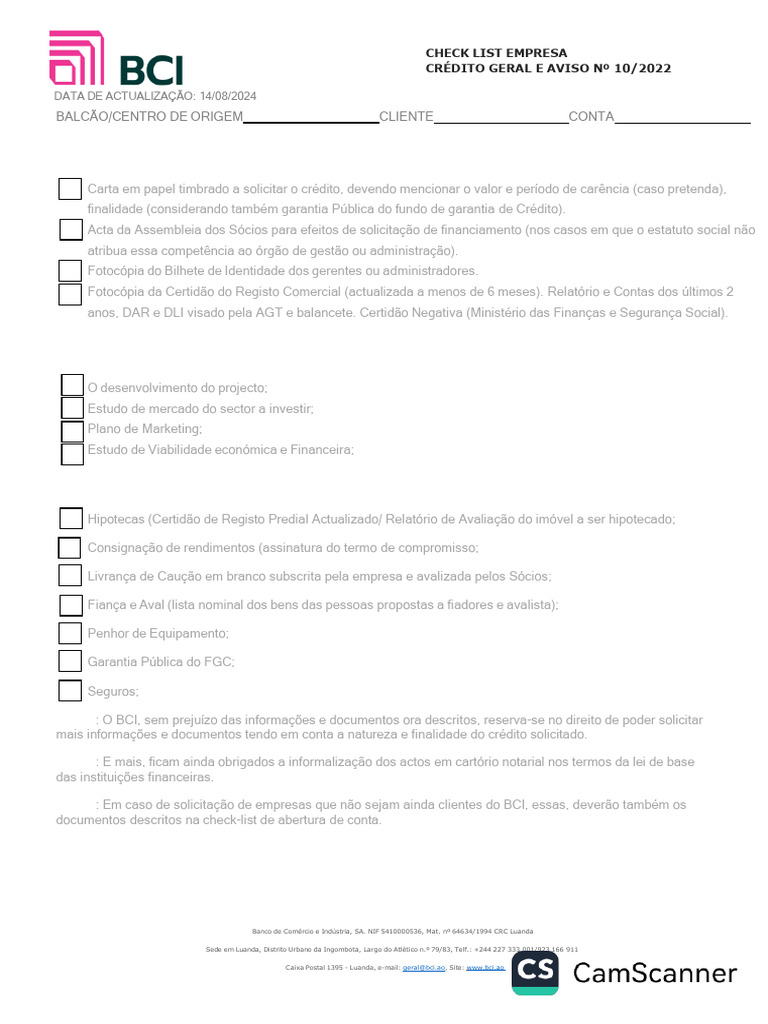 Check-list de Crédito BCI 2024 | PDF | Crédito | Finanças e ...