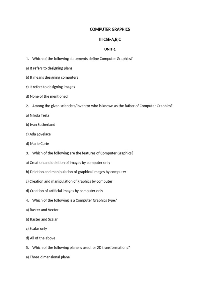Computer graphics mcq exam branch copy pdf 2 d computer graphics