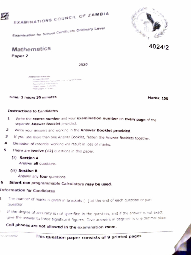 Mathematics Paper 2 Examination 2020 | PDF