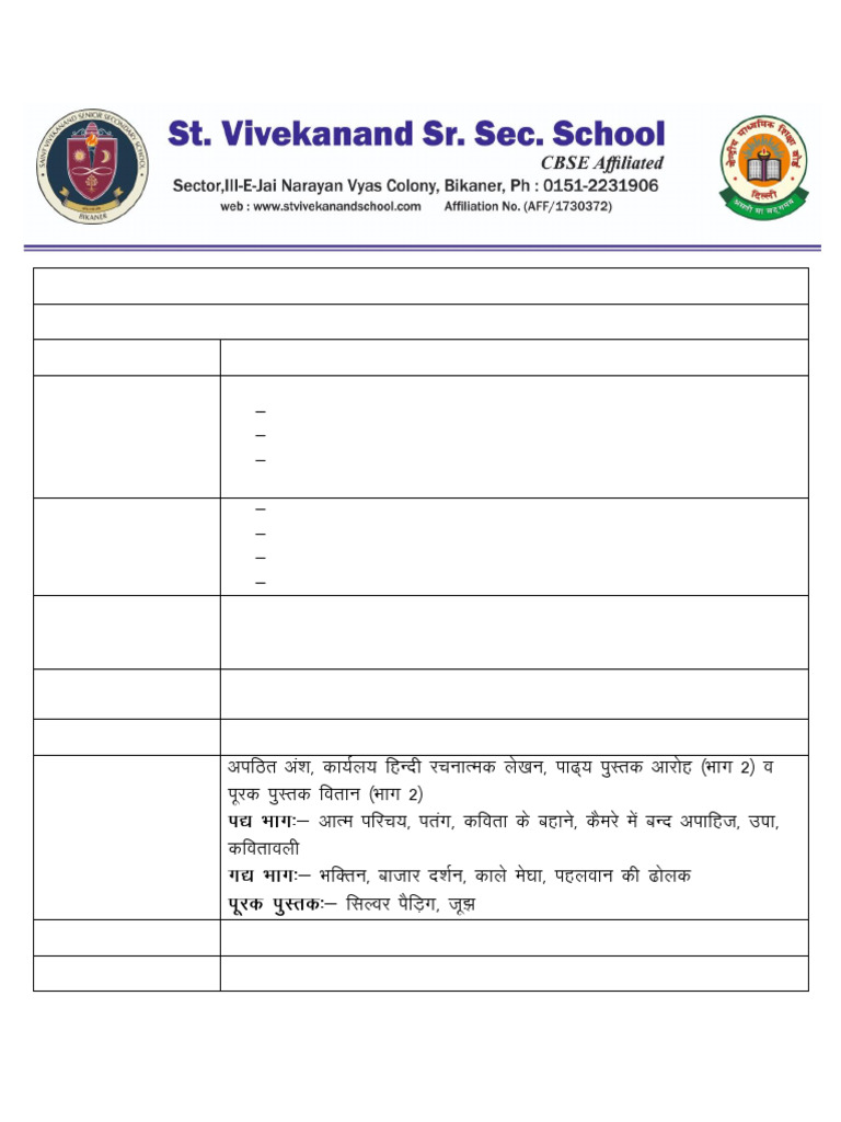 Class 12 Half Yearly Exam Syllabus | PDF | Wellness