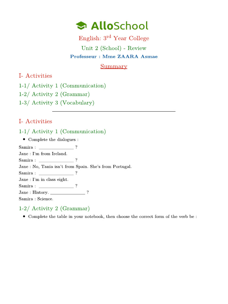 Unit 2 School Review 2 | PDF
