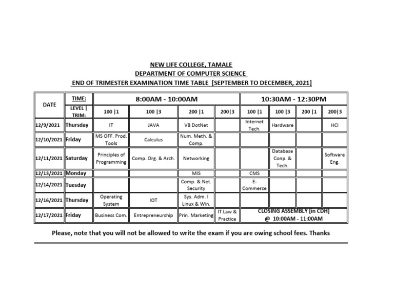 Dec - 9-17 - 21 Examination Time Table | PDF | Computing | Computer Science