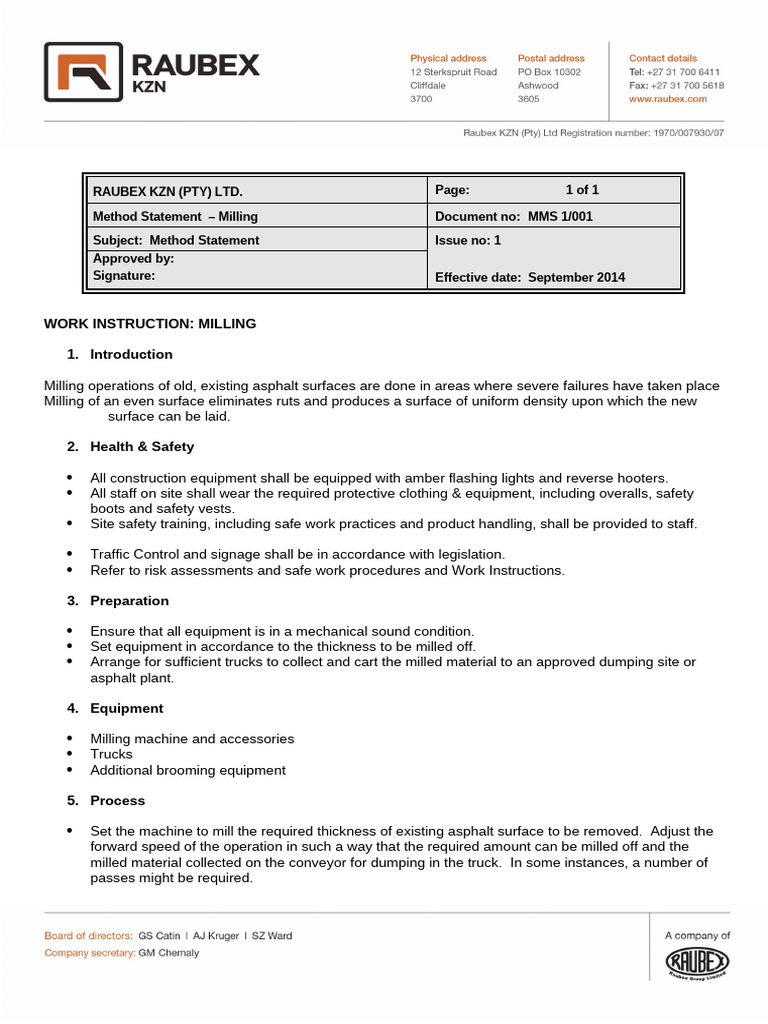 Milling Method Statement for Raubex KZN | PDF | Technology & Engineering