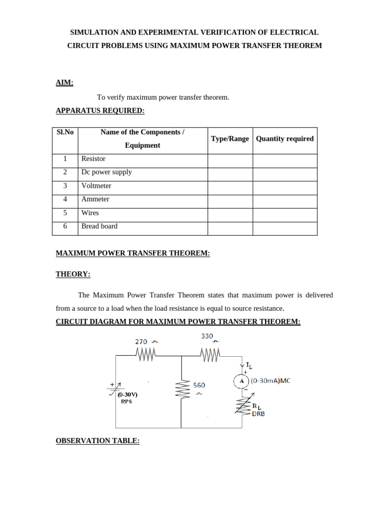 ELECTRICAL CIRCUIT PROBLEMS USING Maximum Power Transfer Theorem | PDF