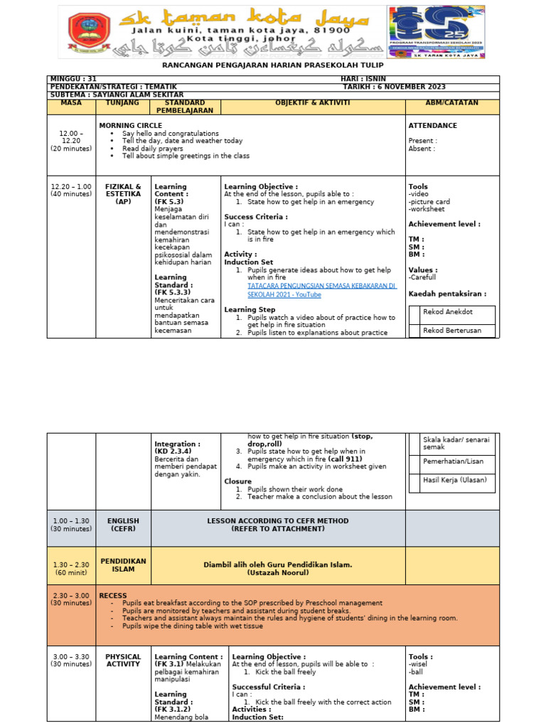 Rancangan Pengajaran Harian Prasekolah | PDF | Face