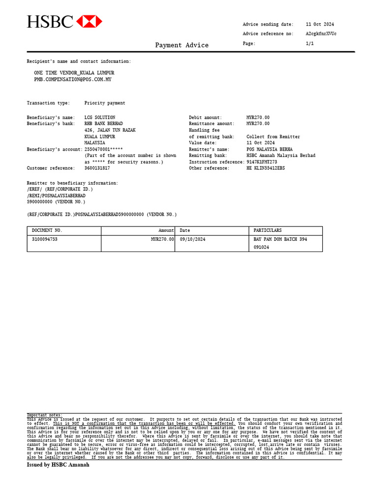 Payment Advice for MYR270 Transaction | PDF | Banks | Service Industries
