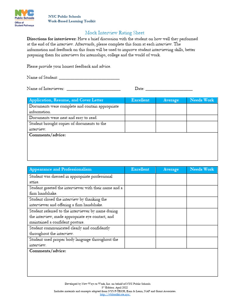 NYC Mock Interview Rating Sheet | PDF | Human Communication