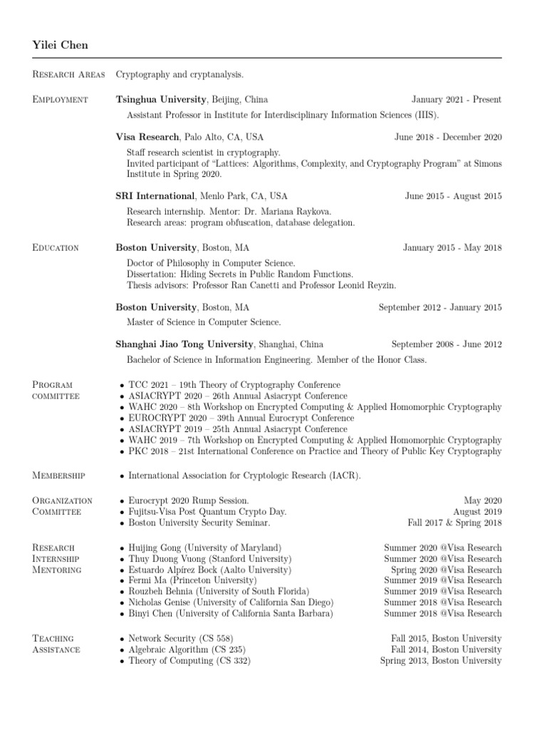 Yilei Chen: Cryptography Expertise | PDF | Cryptography | Secure ...