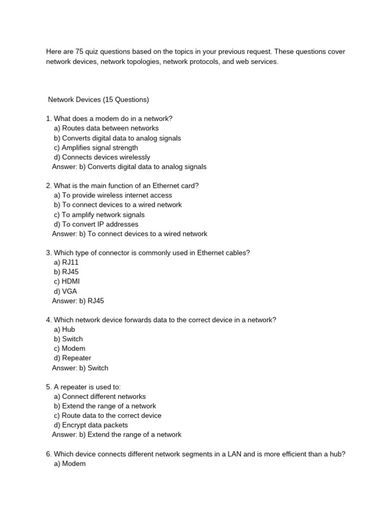 Network Quiz: Devices, Topologies, Protocols | PDF | Computer Network ...