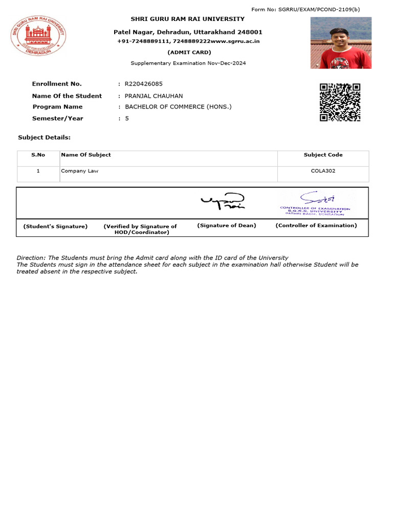 RPT SGRRStudent Back Admit Card | PDF