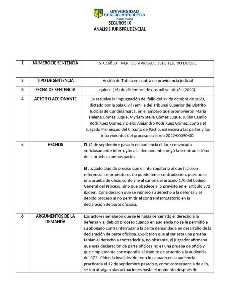 ANÁLISIS Sentencia STC16853 de 2023 | PDF | Debido al proceso | Caso de ley
