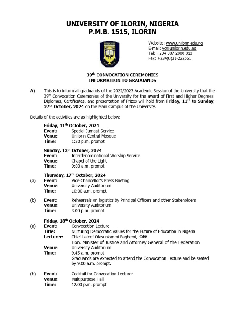 Unilorin 39th Convocation Details 2024 | PDF | Technology & Engineering
