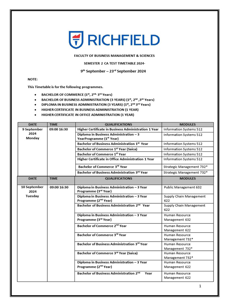 BMS Semester 2 CA Test Timetable 2024 | PDF | Diploma | Bachelor's Degree