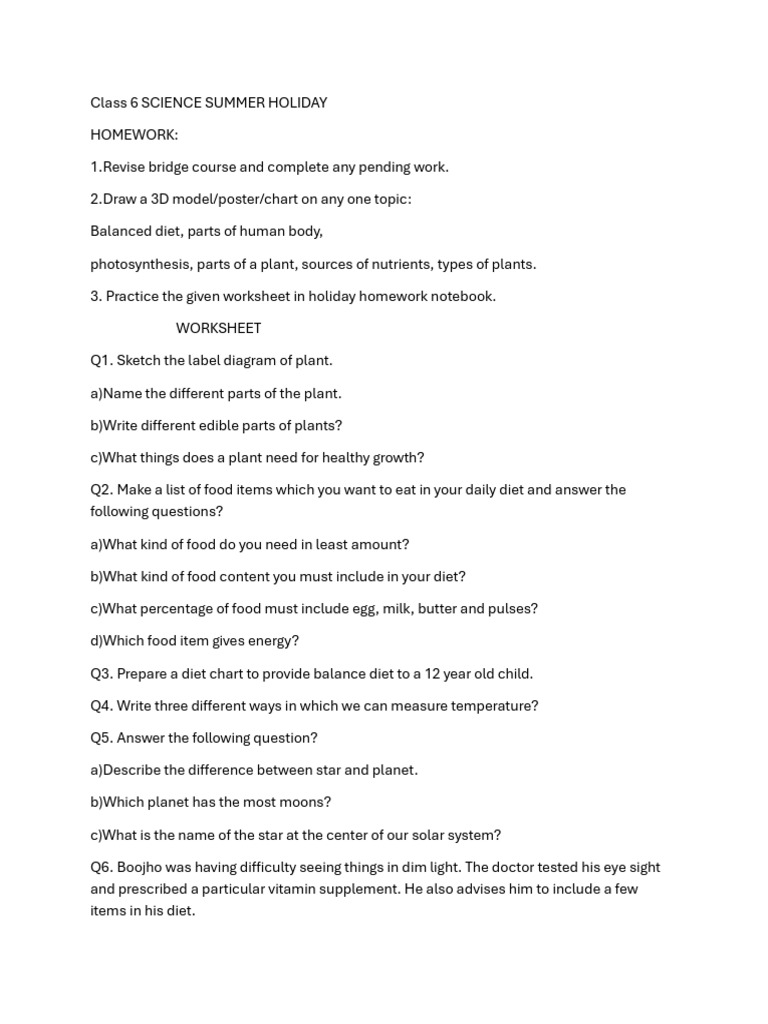 Class 6 Science Summer Homework | PDF | Foods | Botany