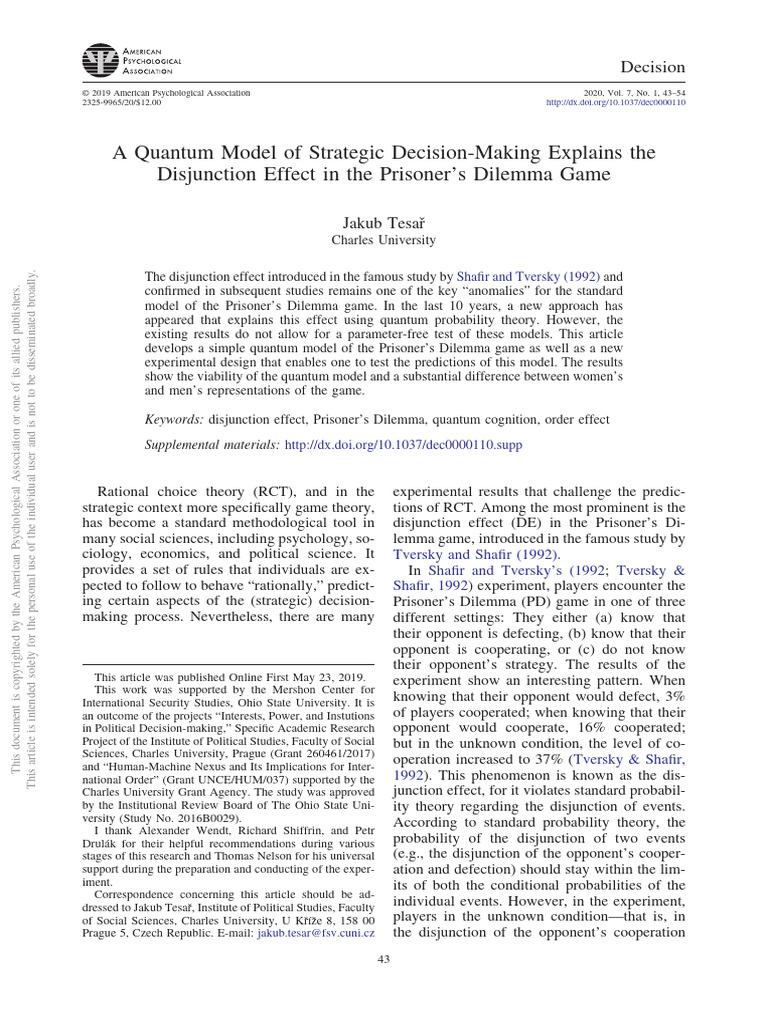Quantum Model Explains Disjunction Effect | PDF | Vector Space ...