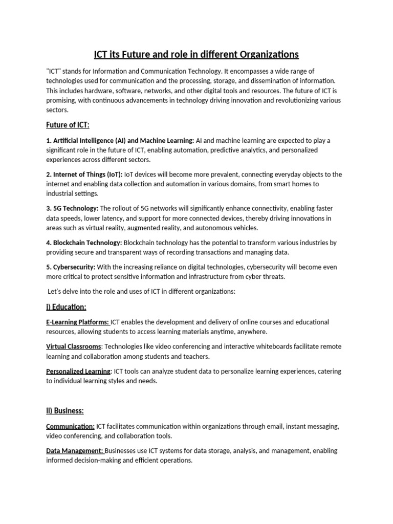 ICT Its Future and Role in Different Organizations | PDF | Educational ...