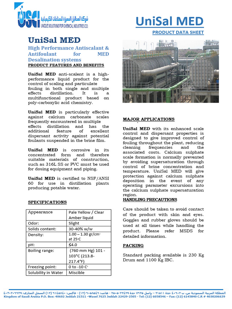 USCI-PDS-UniSal MED-Rev 00 | PDF | Distillation | Water