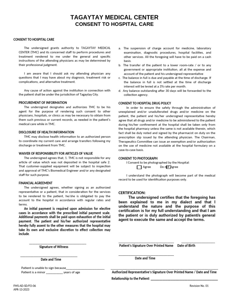 Tagaytay Medical Center Care Consent Form | PDF | Informed Consent ...