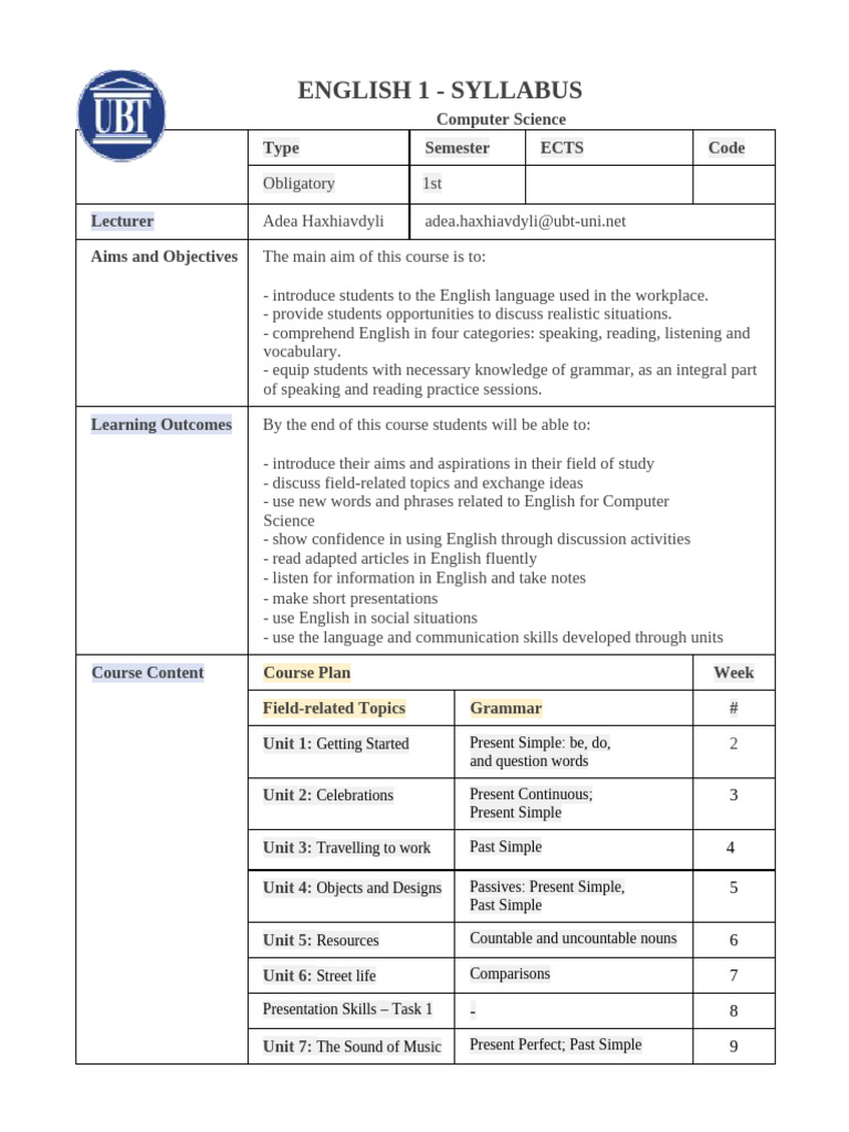 English for Computer Science Syllabus | PDF | English Language ...